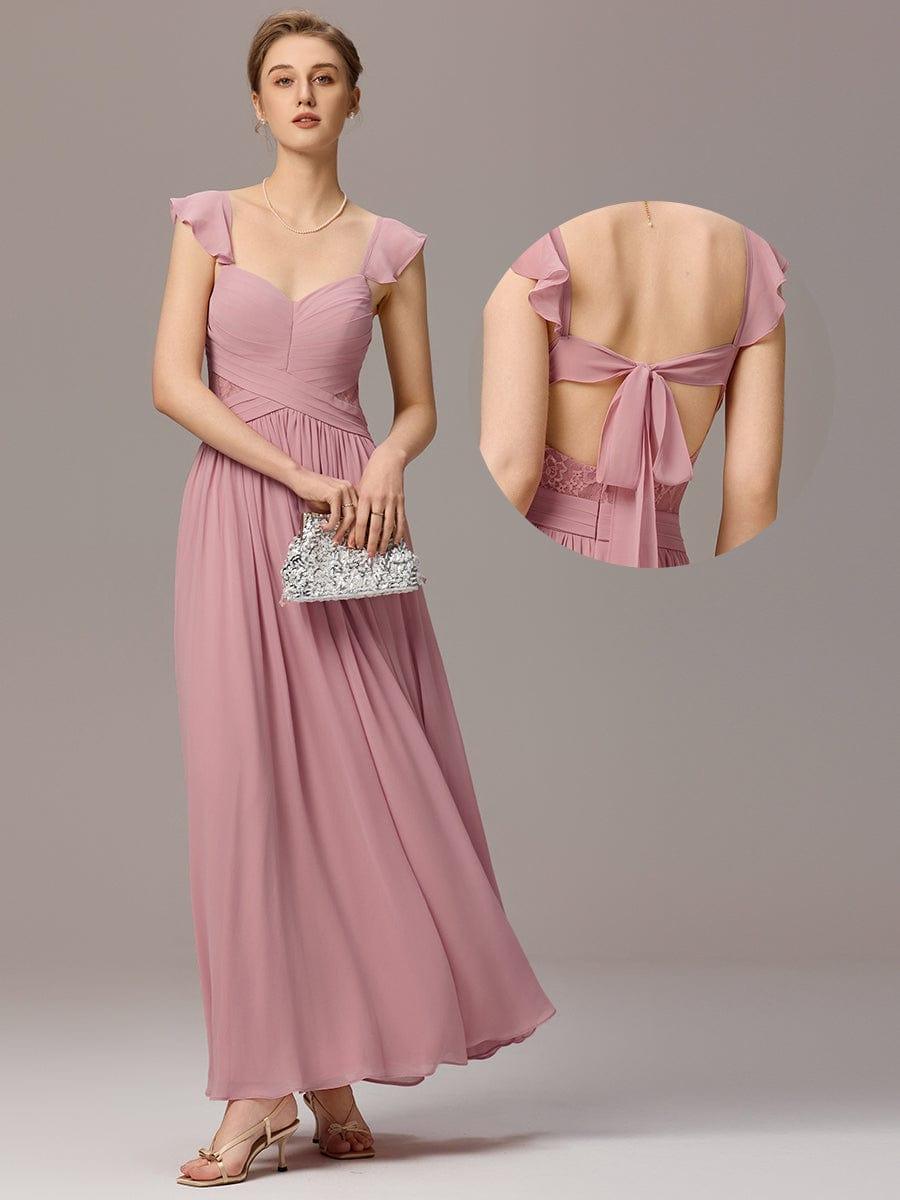 ever BELISSE|Pleated Back-Tie Ruffle Sleeves Maxi Bridesmaid Dress with Lace Details