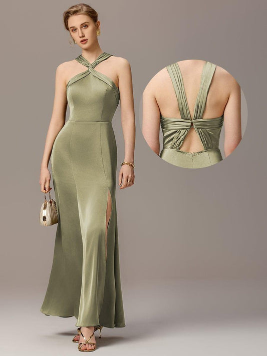 ever BELISSE|Satin Cross Halter Sleeveless Maxi Bridesmaid Dress
