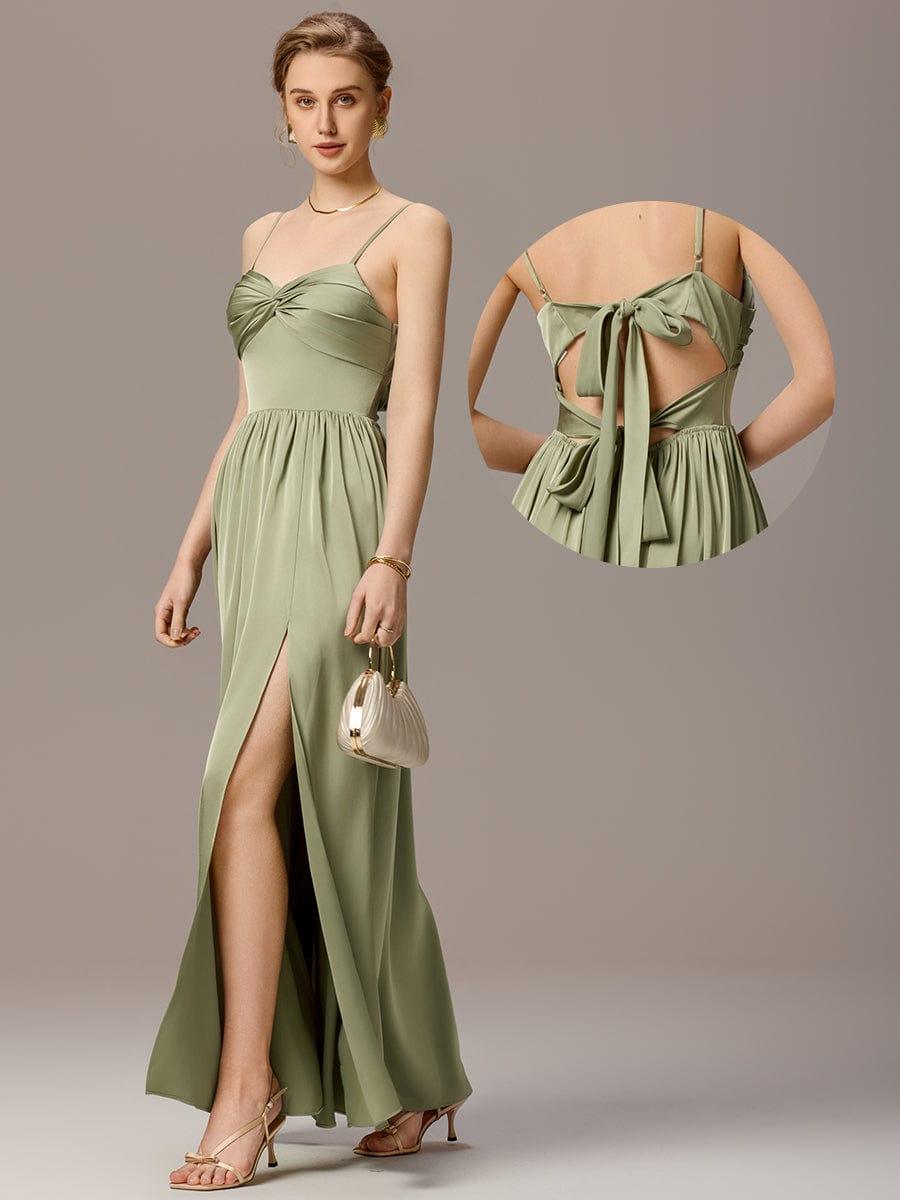 ever BELISSE|Satin Pleated Back-Tie Sleeveless Maxi Bridesmaid Dress