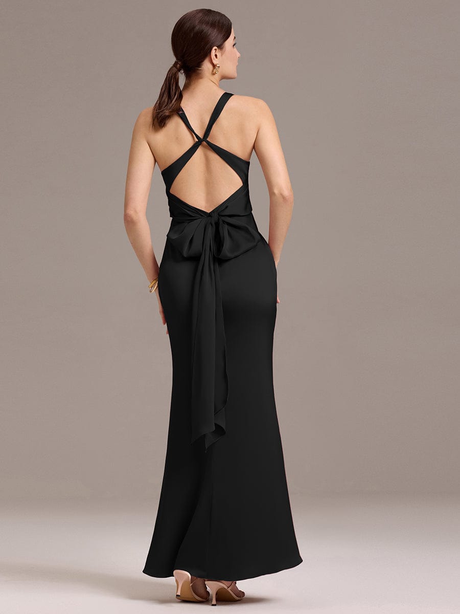 ever MINTA|Knot Front Mermaid Cross Back Bow Tie Satin Maxi Bridesmaid Dress