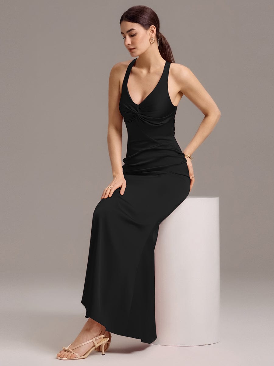 ever MINTA|Knot Front Mermaid Cross Back Bow Tie Satin Maxi Bridesmaid Dress