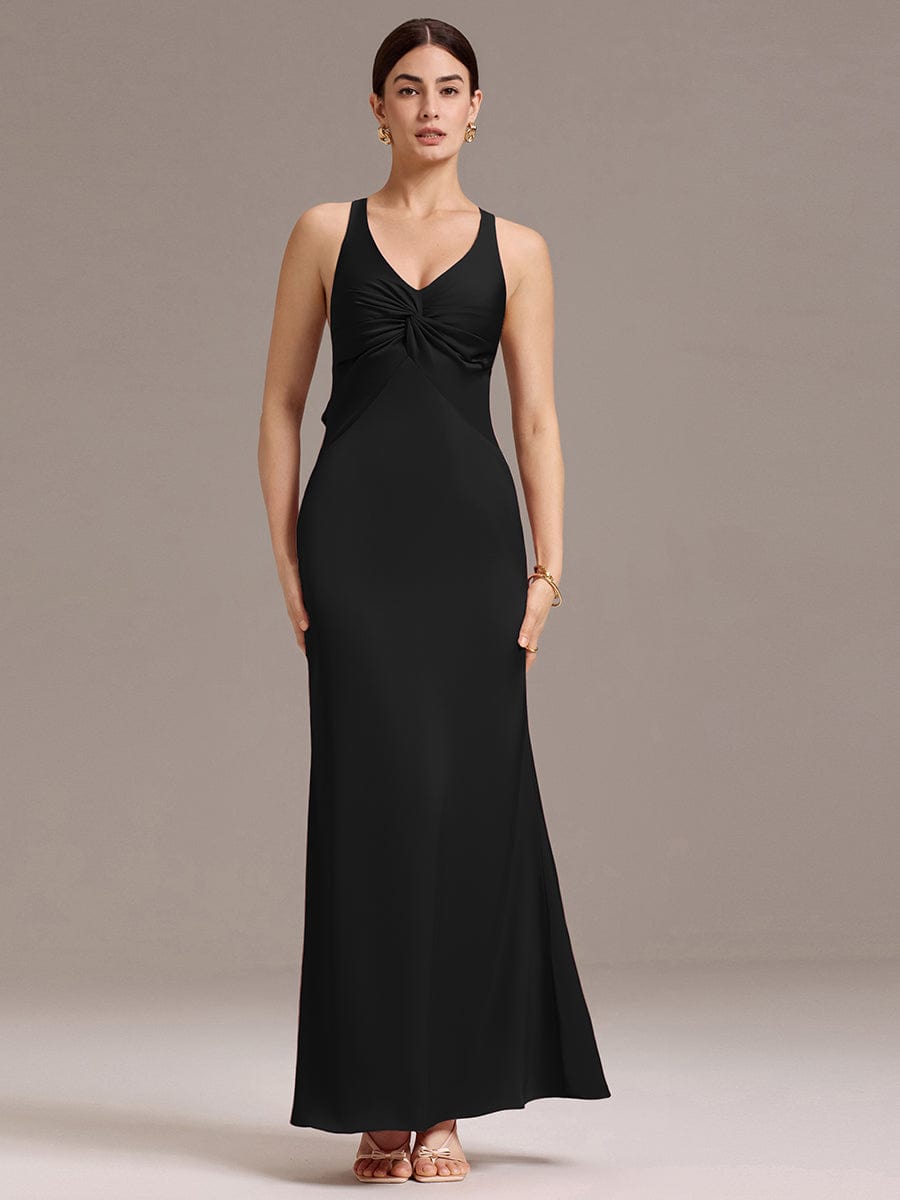 ever MINTA|Knot Front Mermaid Cross Back Bow Tie Satin Maxi Bridesmaid Dress