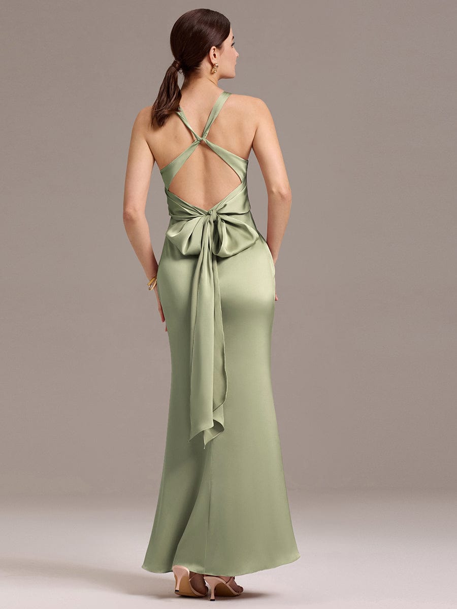 ever MINTA|Knot Front Mermaid Cross Back Bow Tie Satin Maxi Bridesmaid Dress