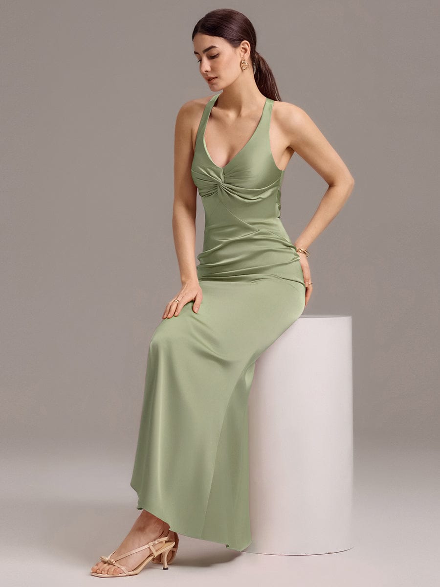 ever MINTA|Knot Front Mermaid Cross Back Bow Tie Satin Maxi Bridesmaid Dress