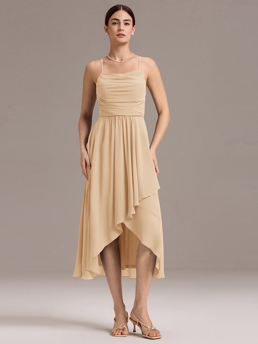 ever ARLYS|Spaghetti Strap Square Pleated High-Low Midi Bridesmaid Dress