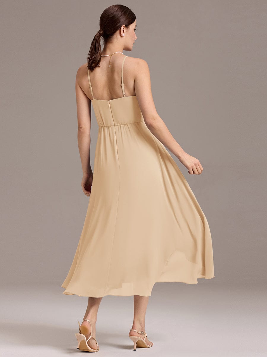 ever ARLYS|Spaghetti Strap Square Pleated High-Low Midi Bridesmaid Dress
