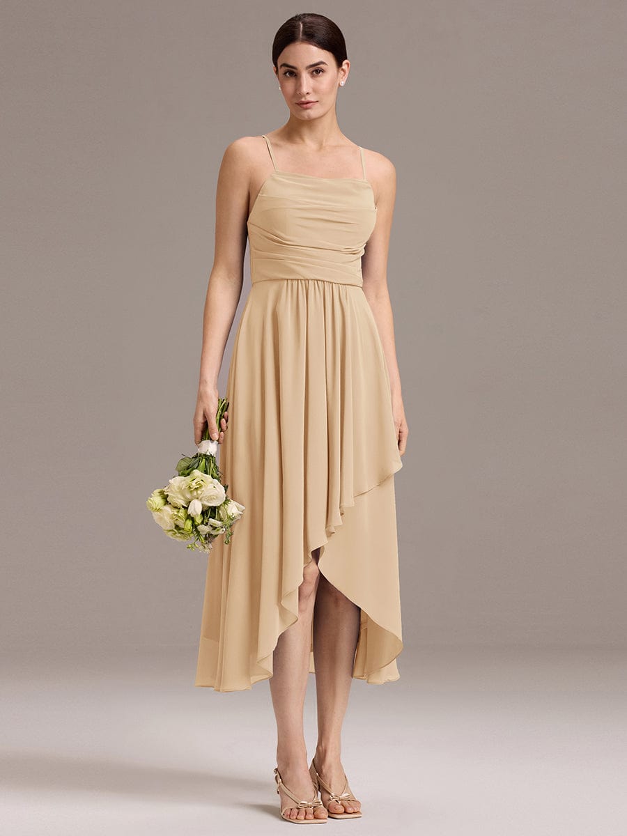 ever ARLYS|Spaghetti Strap Square Pleated High-Low Midi Bridesmaid Dress
