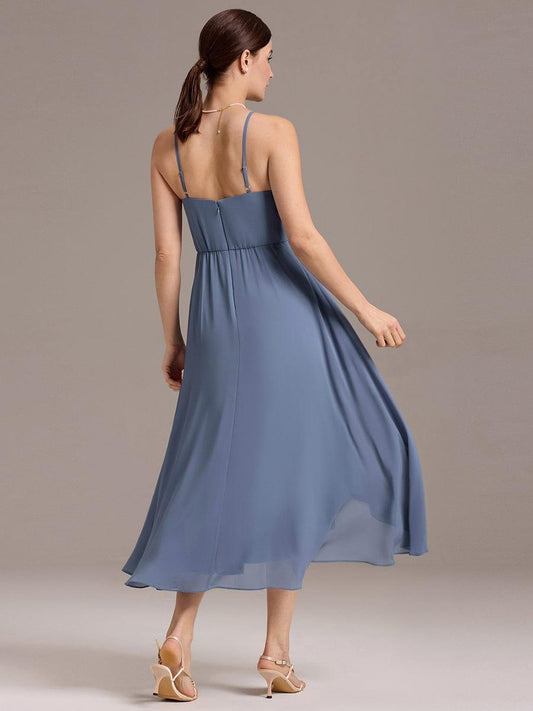 ever ARLYS|Spaghetti Strap Square Pleated High-Low Midi Bridesmaid Dress