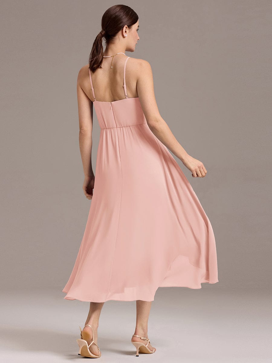 ever ARLYS|Spaghetti Strap Square Pleated High-Low Midi Bridesmaid Dress