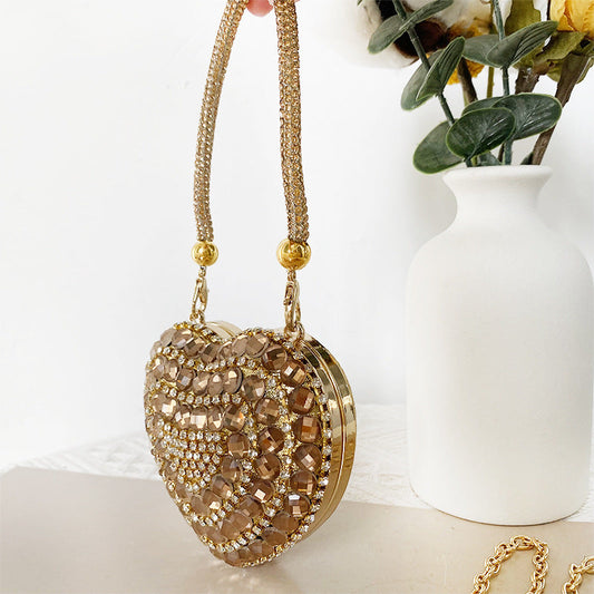 Peach Heart Chain Diamond Glass Stone Evening Bags