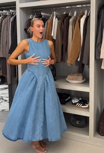 Women's Sleeveless Backless Denim Dress – Casual Round Neck, Lace-Up, High Waist, Zipper Closure | Sexy Summer High Street Style