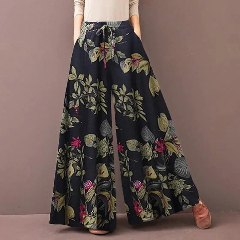 Retro Women Printing Wide Leg Pants Spring Autumn Fashion Drawstring Elastic Waist Trousers Ladies Casual Loose Pocket Pantalon