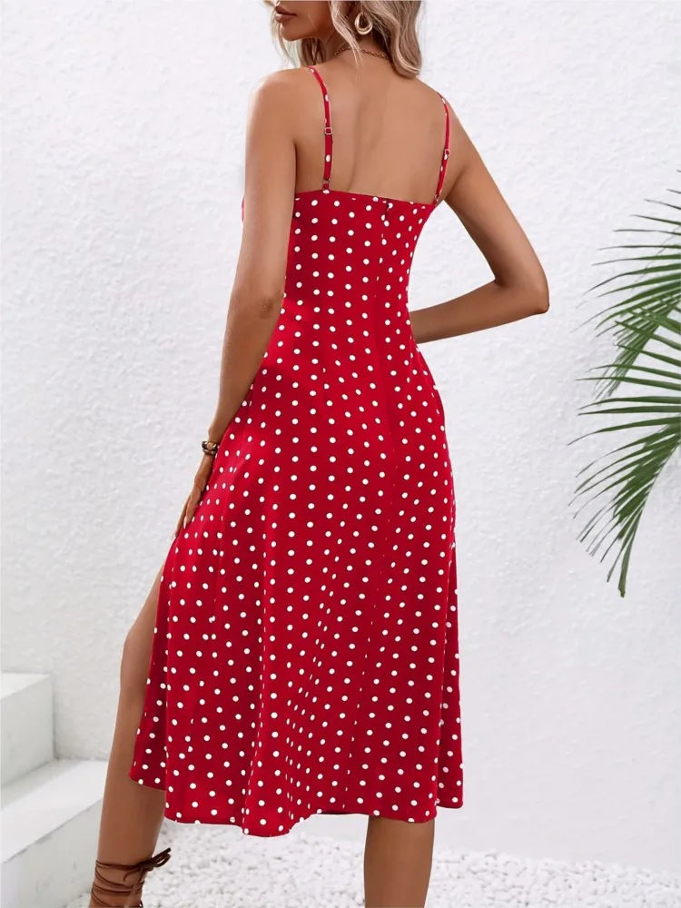 Women's Polka Dot Spaghetti Strap Summer Dress – Sleeveless Slit Midi Dress | Boho Casual Beachwear