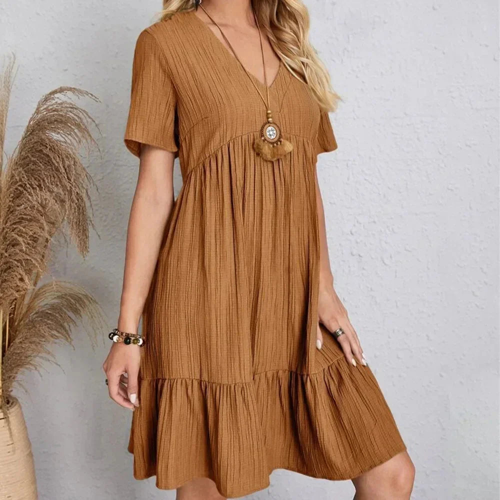 Women’s Summer Peplum Dress – Spring V-Neck Short Sleeve Loose Waist Ruffle Fit & Flare Vacation Dress