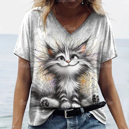 Summer Women’s Cat Print T-Shirt – Casual 3D Short Sleeve Crew Neck Pullover, Oversized Streetwear