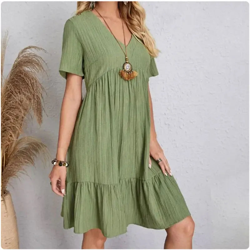 Women’s Summer Peplum Dress – Spring V-Neck Short Sleeve Loose Waist Ruffle Fit & Flare Vacation Dress
