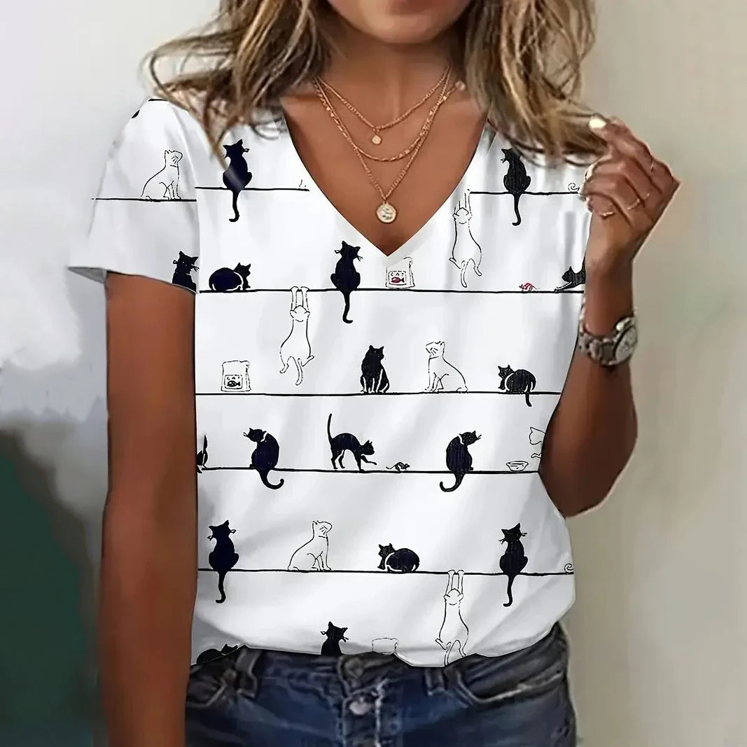 Summer Women’s Cat Print T-Shirt – Casual 3D Short Sleeve Crew Neck Pullover, Oversized Streetwear