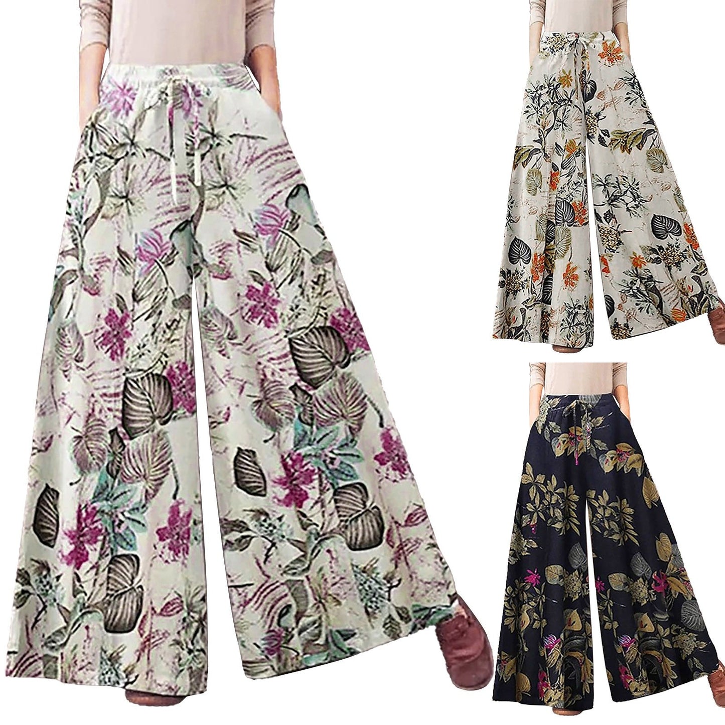 Women'S Casual Floral Printed Pants Belt Elastic Waist Wide Leg Pants Pocket Long Wide Leg Trousers Pantalones De Mujer 바지