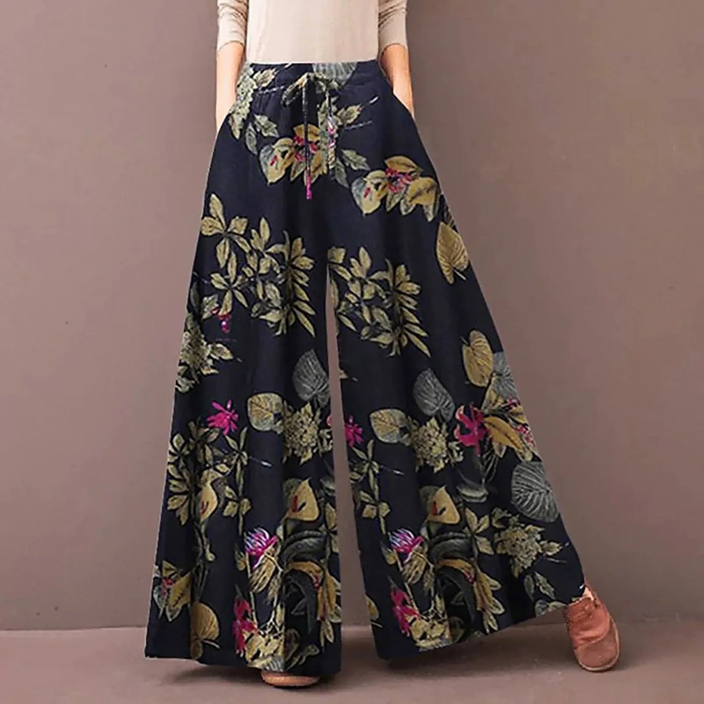 Women'S Casual Floral Printed Pants Belt Elastic Waist Wide Leg Pants Pocket Long Wide Leg Trousers Pantalones De Mujer 바지