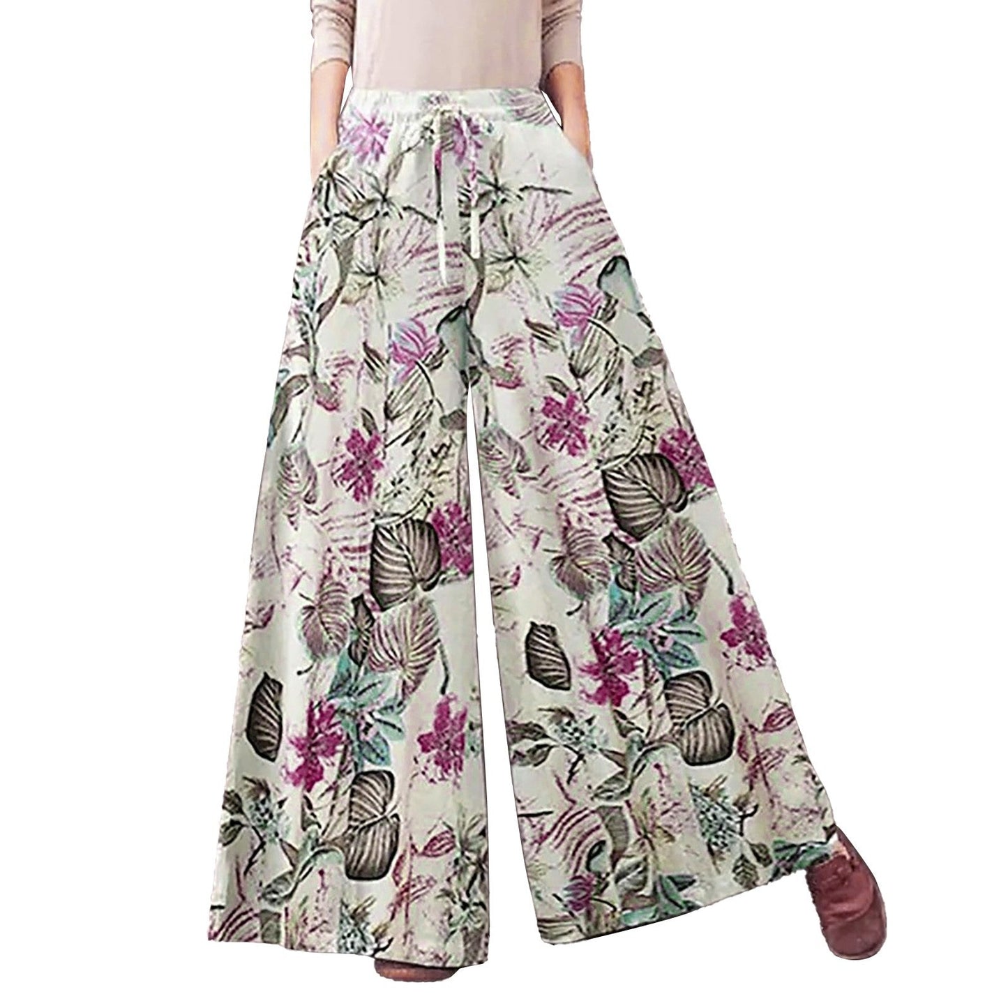 Women'S Casual Floral Printed Pants Belt Elastic Waist Wide Leg Pants Pocket Long Wide Leg Trousers Pantalones De Mujer 바지