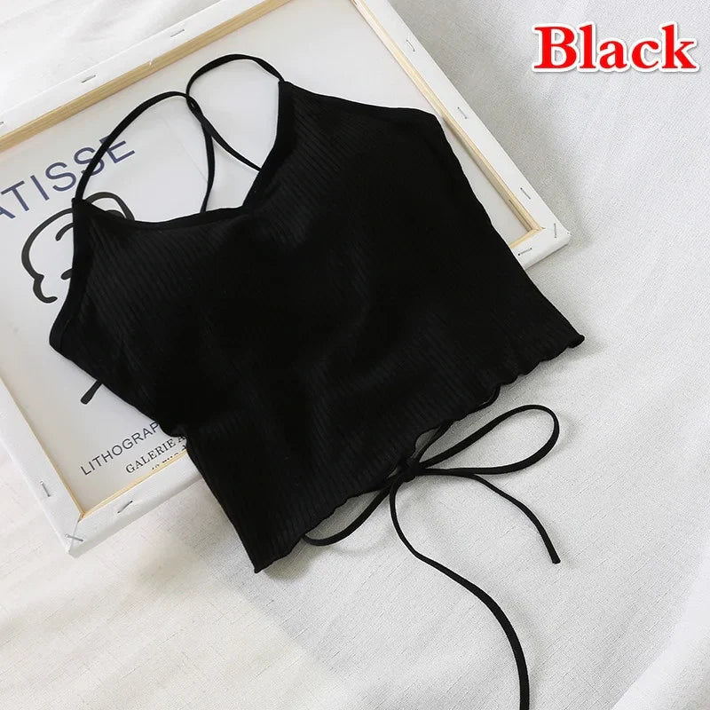 Sexy Slim Fit Open Back Crop Top – Solid Color Women’s Camisole with Chest Cushion Strap