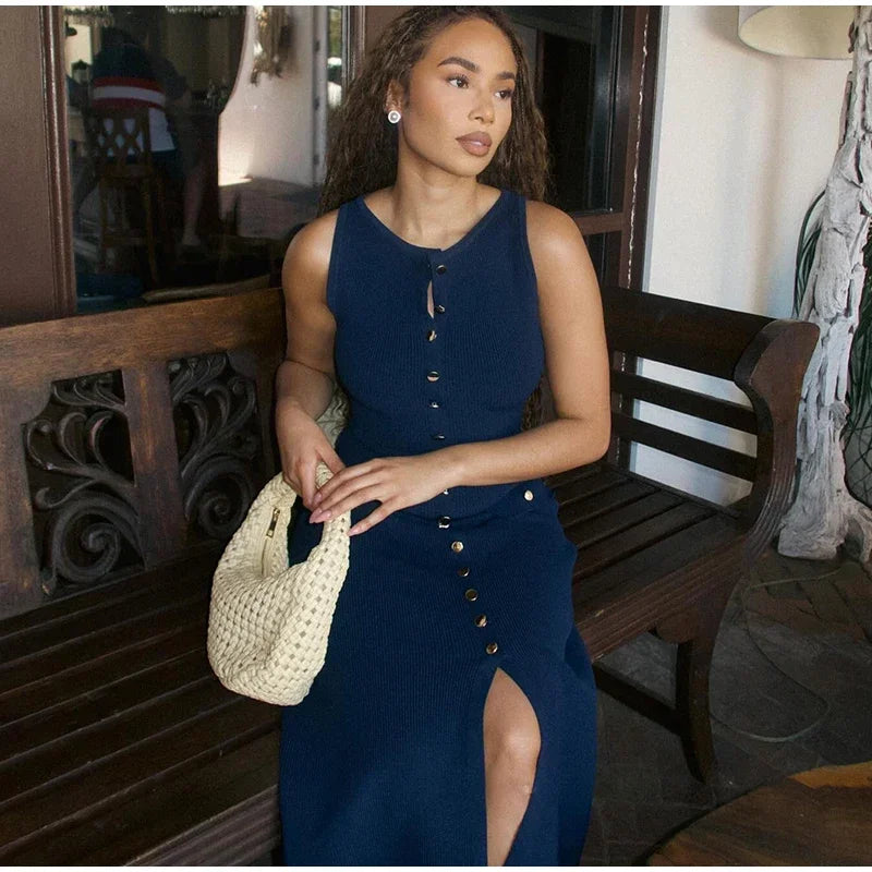 Summer Elegant Lady Knitted Single Breasted Long Dress – Sleeveless O Neck Button Bodycon Party Dress for Women | Vestidos