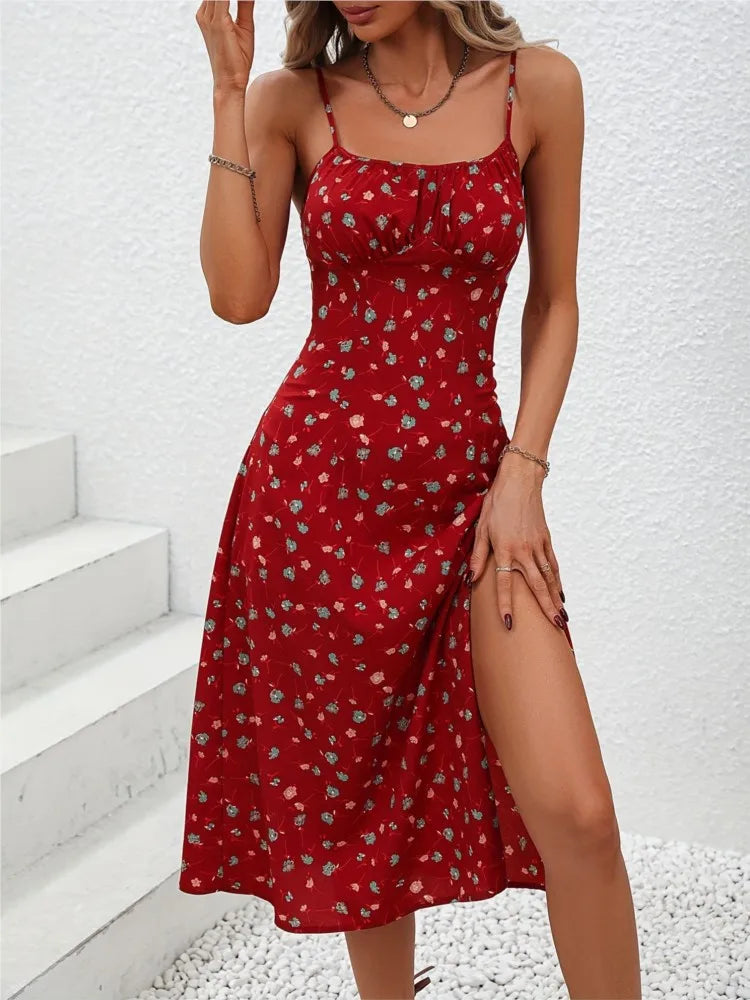 Women's Polka Dot Spaghetti Strap Summer Dress – Sleeveless Slit Midi Dress | Boho Casual Beachwear