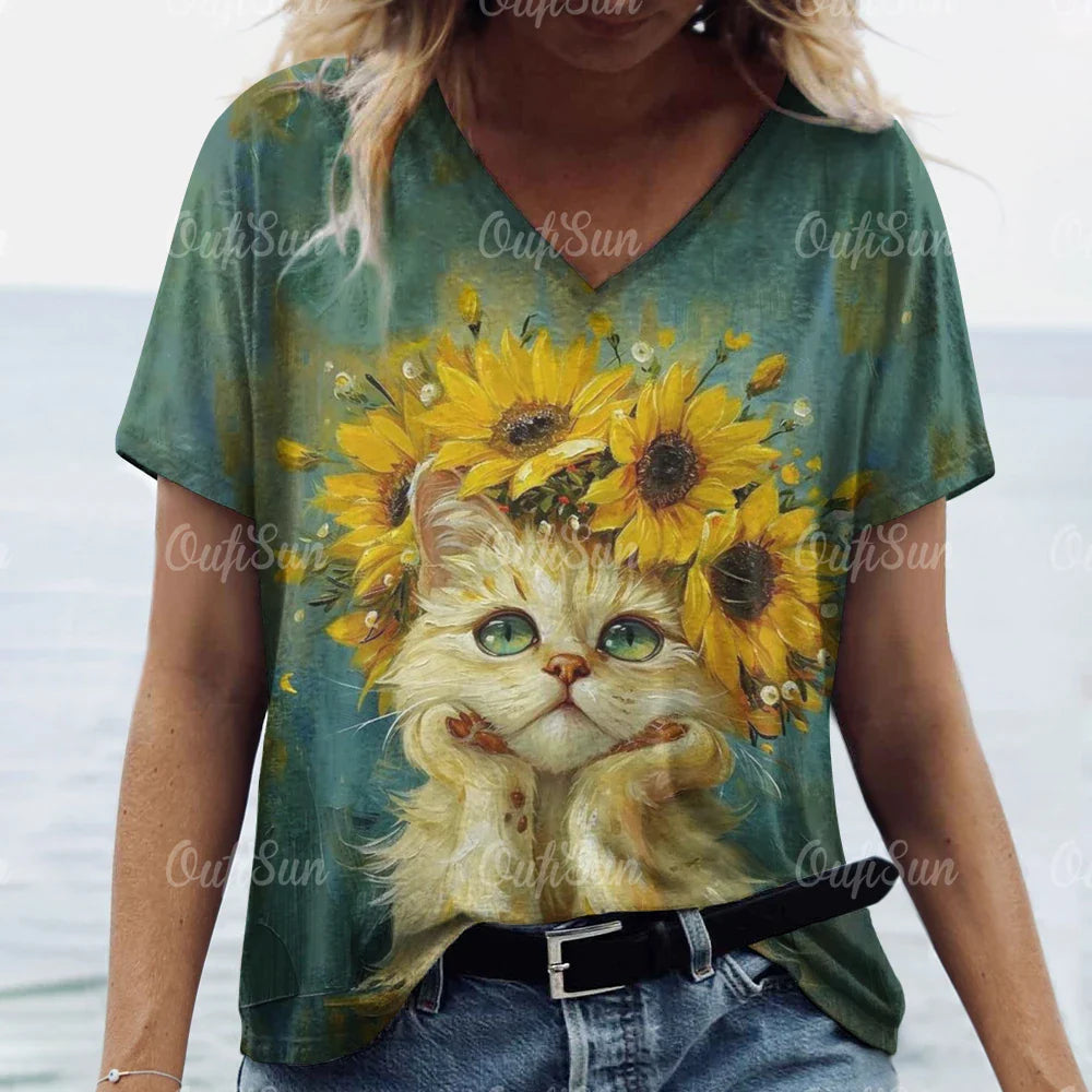 Summer Women’s Cat Print T-Shirt – Casual 3D Short Sleeve Crew Neck Pullover, Oversized Streetwear
