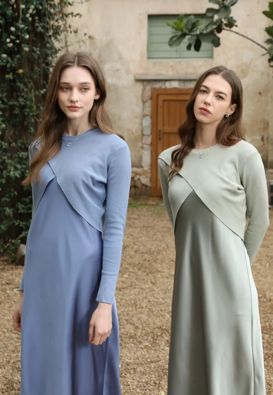 Spring Summer Women’s Elegant Satin Maxi Dress with Knitted Top | 2-Piece Floor-Length Outfit Set