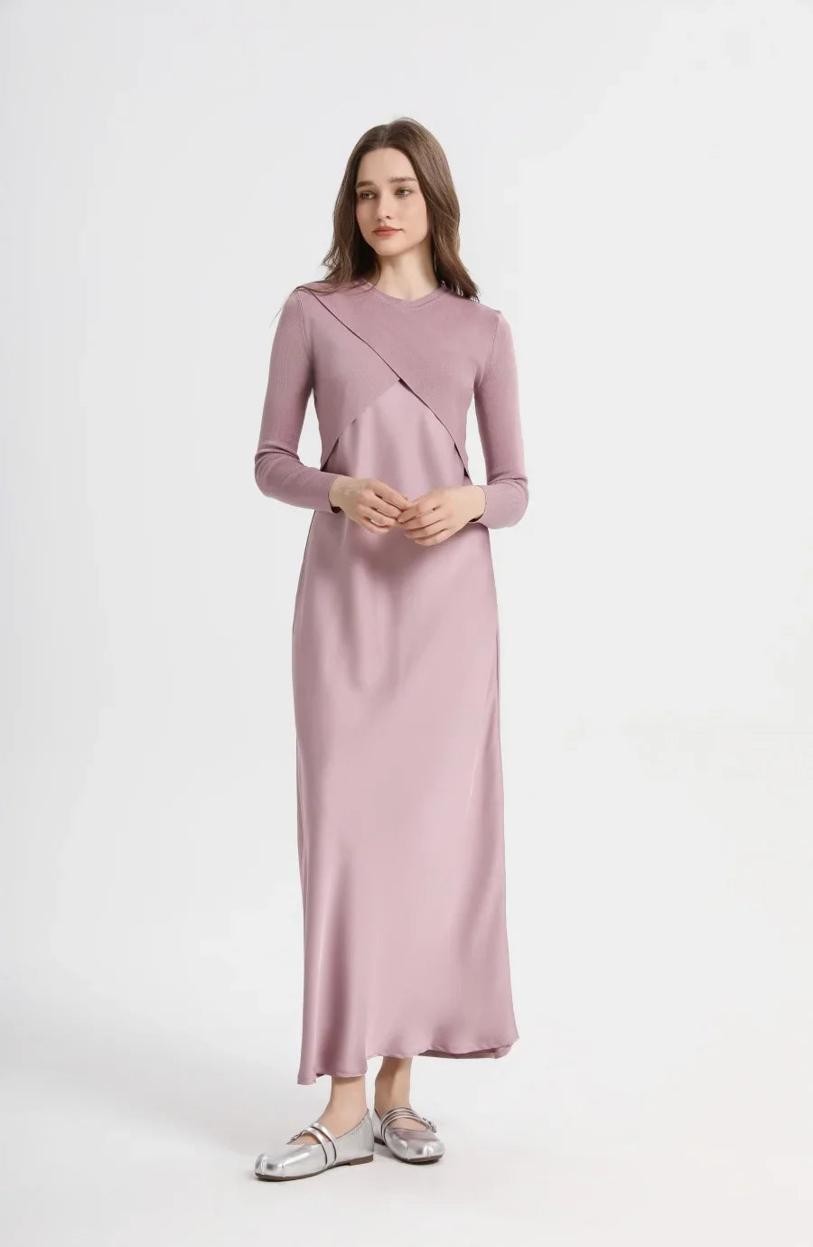 Spring Summer Women’s Elegant Satin Maxi Dress with Knitted Top | 2-Piece Floor-Length Outfit Set