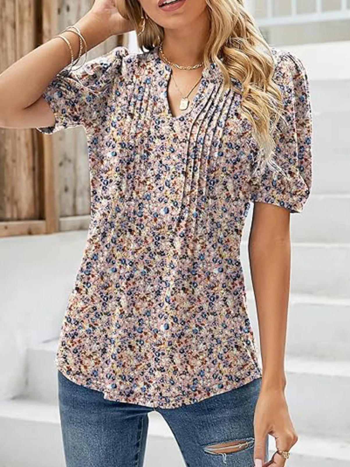 Women's V-Neck Tunic Top – Puff Pleated Short Sleeve Summer Blouse | Casual & Workwear Fashion Shirt