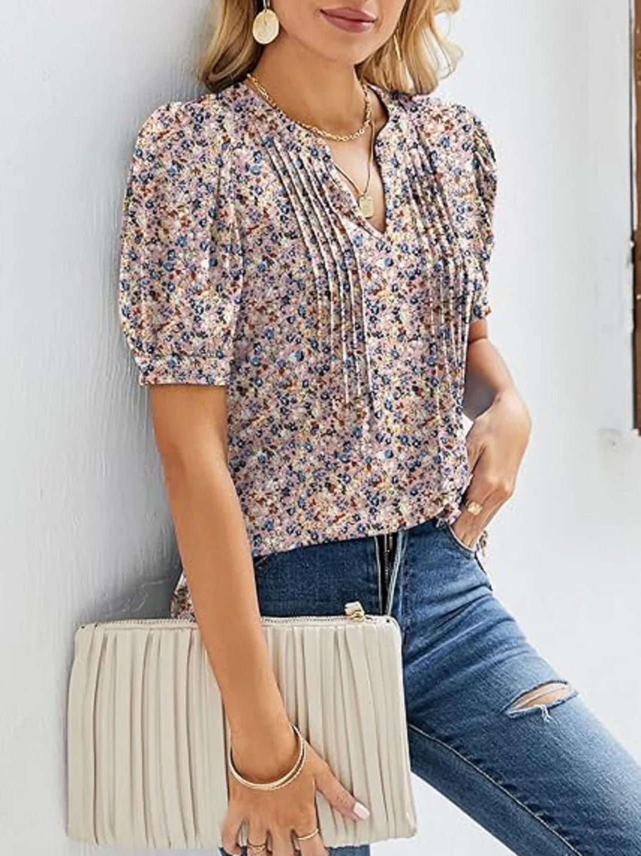 Women's V-Neck Tunic Top – Puff Pleated Short Sleeve Summer Blouse | Casual & Workwear Fashion Shirt