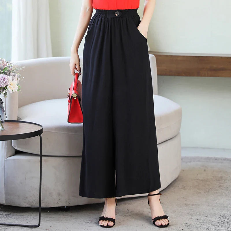 Summer Wide Leg Pants Women Loose High Waist Beach Ankle-Length Trousers Summer Casual Retro Print Plaid Pants