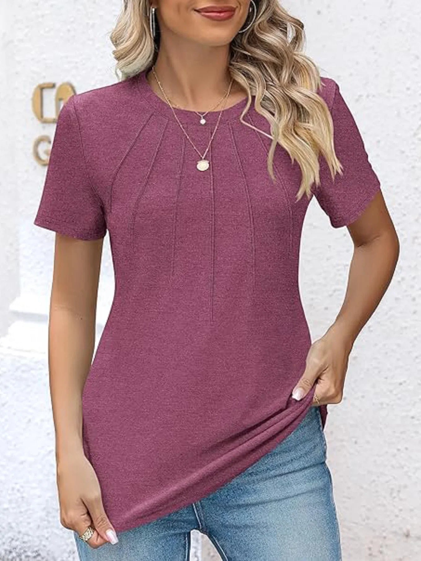 Women's V-Neck Tunic Top – Puff Pleated Short Sleeve Summer Blouse | Casual & Workwear Fashion Shirt