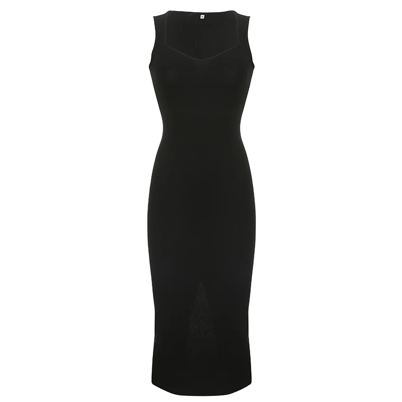 CIBBAR Basic Knit Long Dress – Korean Fashion Square Collar Sleeveless Women’s Casual Summer Y2K Vintage Outfit