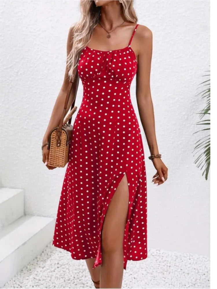 Women's Polka Dot Spaghetti Strap Summer Dress – Sleeveless Slit Midi Dress | Boho Casual Beachwear