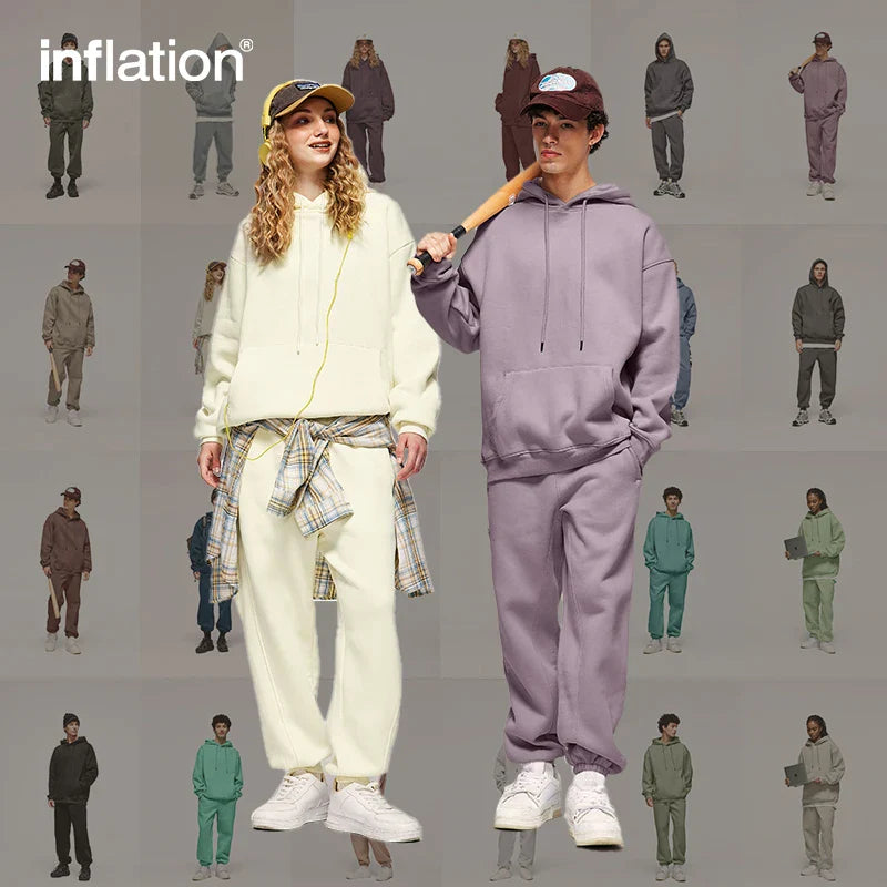 INFLATION 350gsm Thick Velvet Tracksuit – Unisex Solid Color Jogging Suit | 2023 Trendy Matching Fleece Sweatpants & Hoodie Set