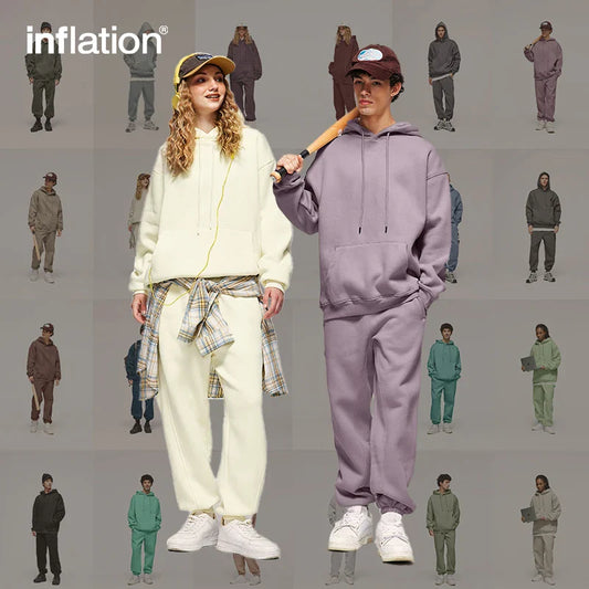 INFLATION 350gsm Thick Velvet Tracksuit – Unisex Solid Color Jogging Suit | 2023 Trendy Matching Fleece Sweatpants & Hoodie Set