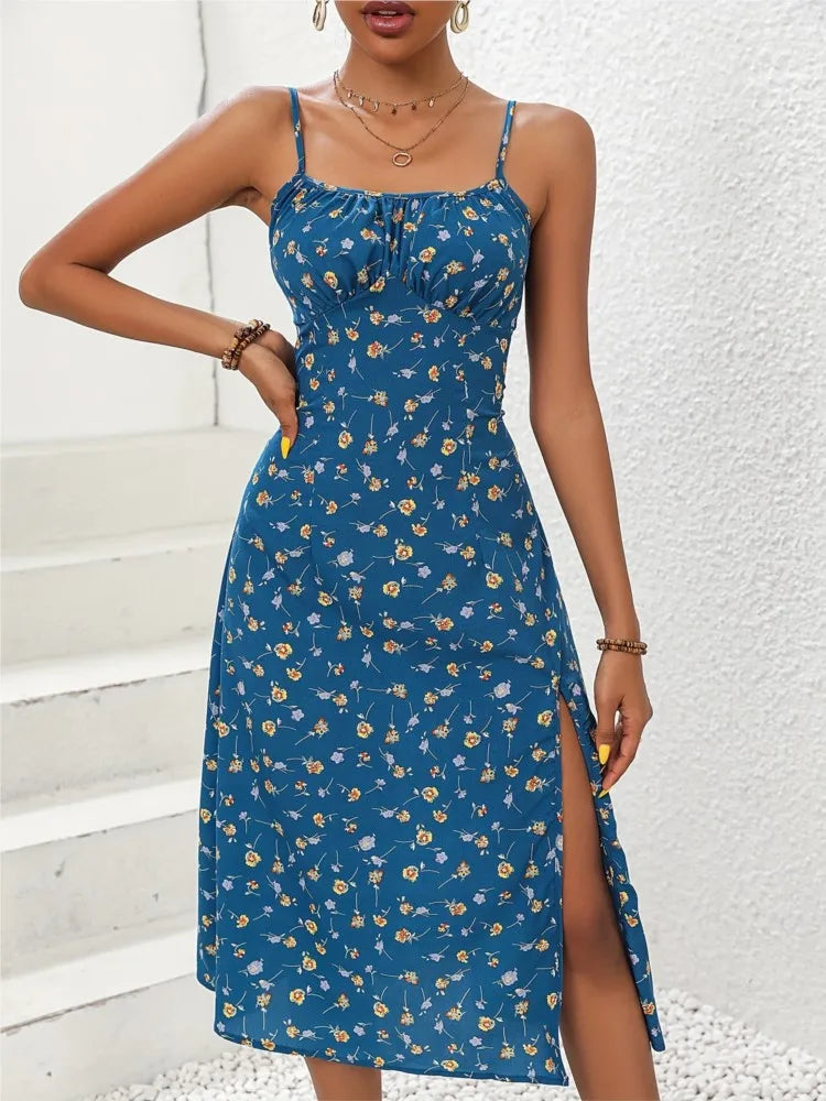 Women's Polka Dot Spaghetti Strap Summer Dress – Sleeveless Slit Midi Dress | Boho Casual Beachwear