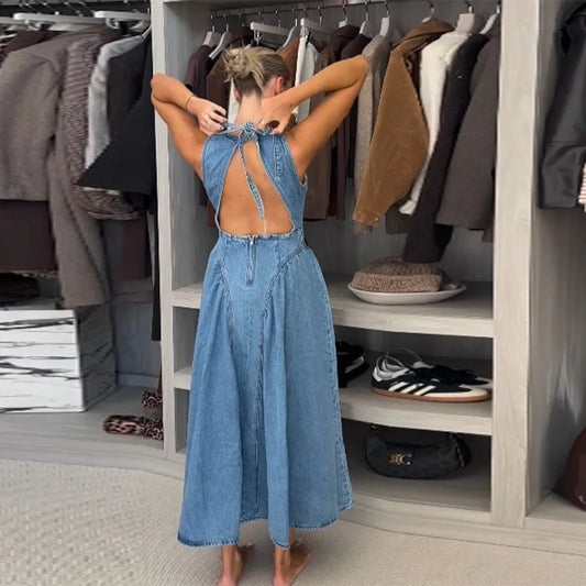Women's Sleeveless Backless Denim Dress – Casual Round Neck, Lace-Up, High Waist, Zipper Closure | Sexy Summer High Street Style