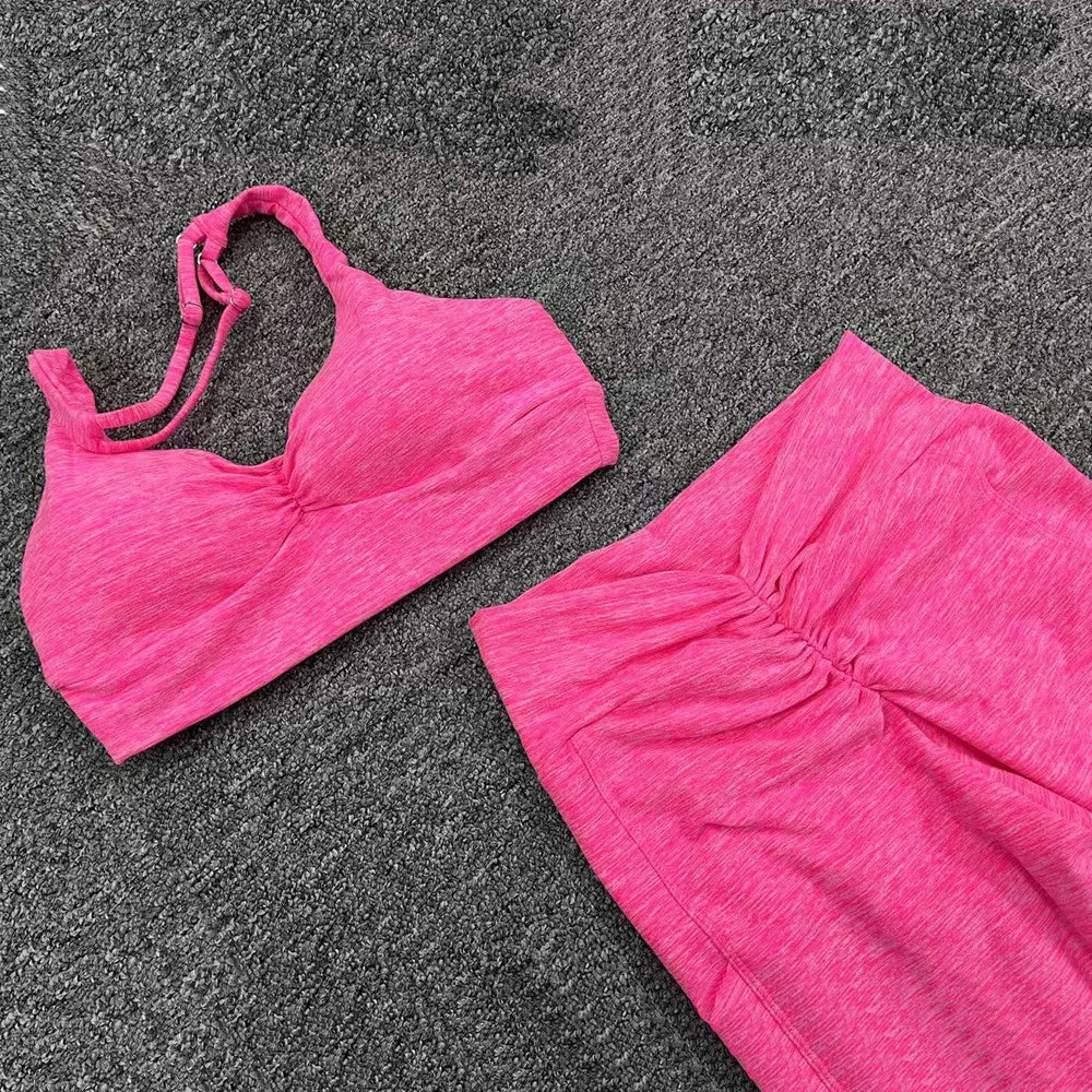 1/2PCS V-Back Halter Sports Bra & Scrunch Legging Set – Squat Proof, Pocket, Lycra Workout Yoga Gym Fitness Suit