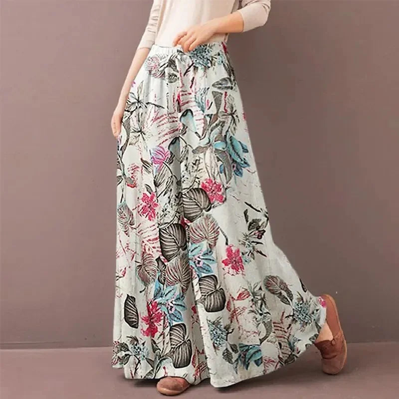 Retro Women Printing Wide Leg Pants Spring Autumn Fashion Drawstring Elastic Waist Trousers Ladies Casual Loose Pocket Pantalon