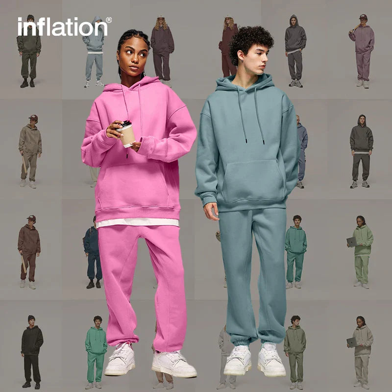 INFLATION 350gsm Thick Velvet Tracksuit – Unisex Solid Color Jogging Suit | 2023 Trendy Matching Fleece Sweatpants & Hoodie Set