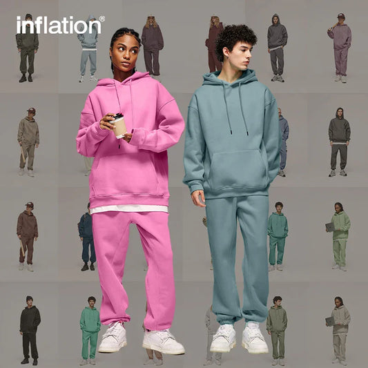 INFLATION 350gsm Thick Velvet Tracksuit – Unisex Solid Color Jogging Suit | 2023 Trendy Matching Fleece Sweatpants & Hoodie Set