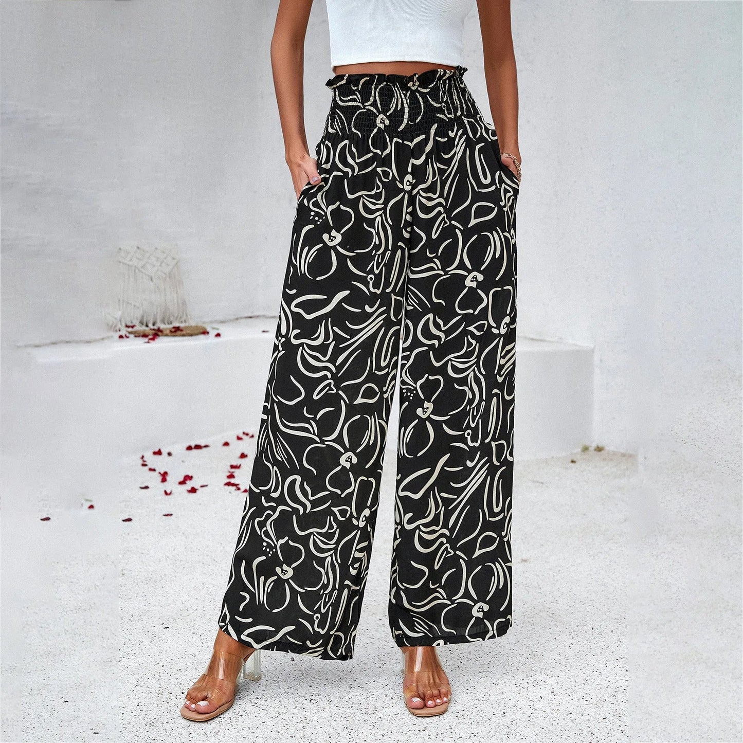Print Floral Casual Pants Fashion Women Office Sweet High Waist Wide Leg Long Pants New 2024 Holiday Loose Trousers
