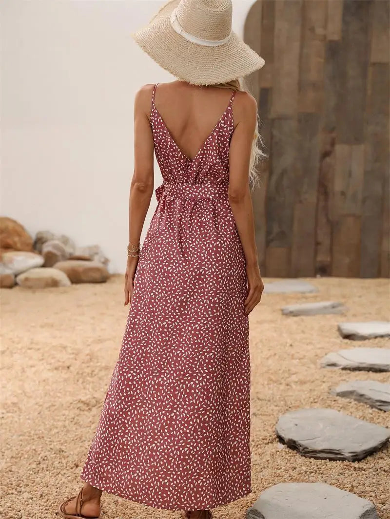 Summer Backless Floral Printed Long Dress for Women – Sexy Beachwear & Vacation Dress
