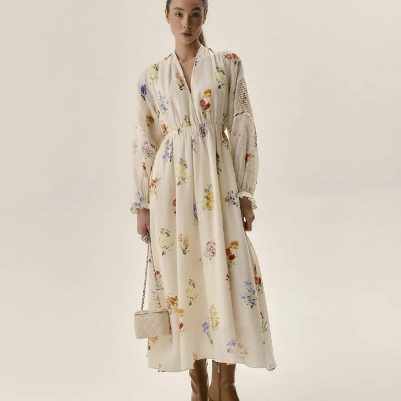 Sweet Floral Printed Backless Maxi Dress for Women – Lantern Sleeve, High Waist Long Robe | Summer Vacation Outfit