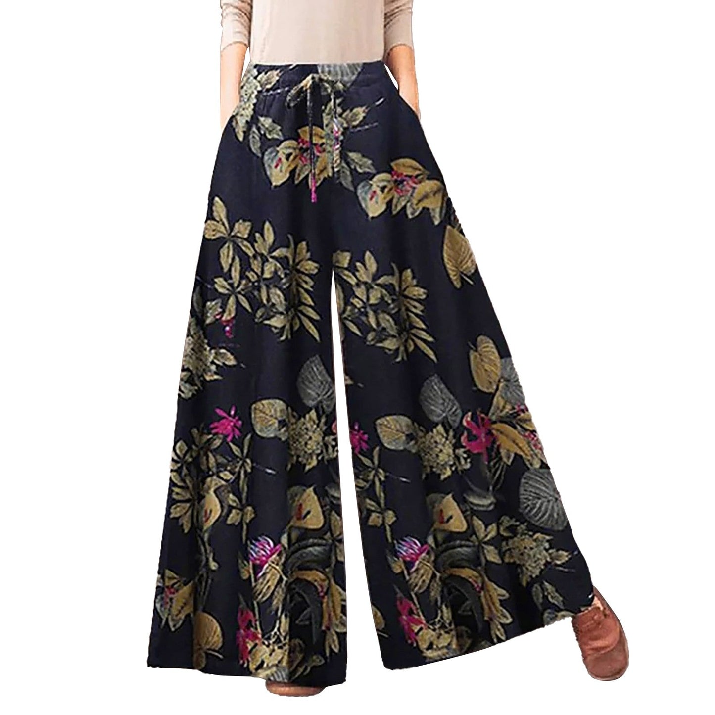 Women'S Casual Floral Printed Pants Belt Elastic Waist Wide Leg Pants Pocket Long Wide Leg Trousers Pantalones De Mujer 바지