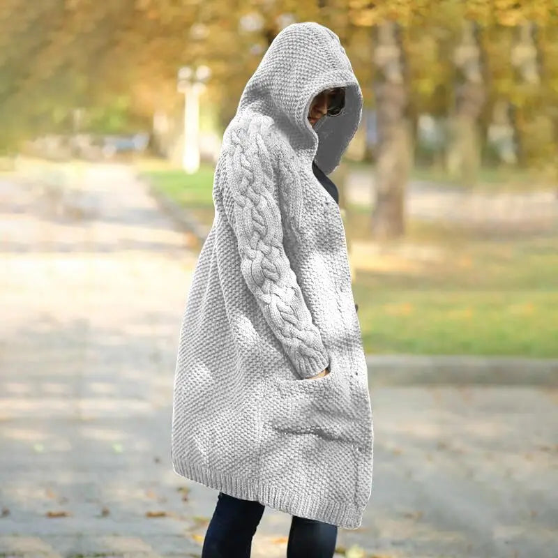Autumn Winter Fashion Long Sweater Women Hooded Thickened Medium  Female Knitted Cardigan