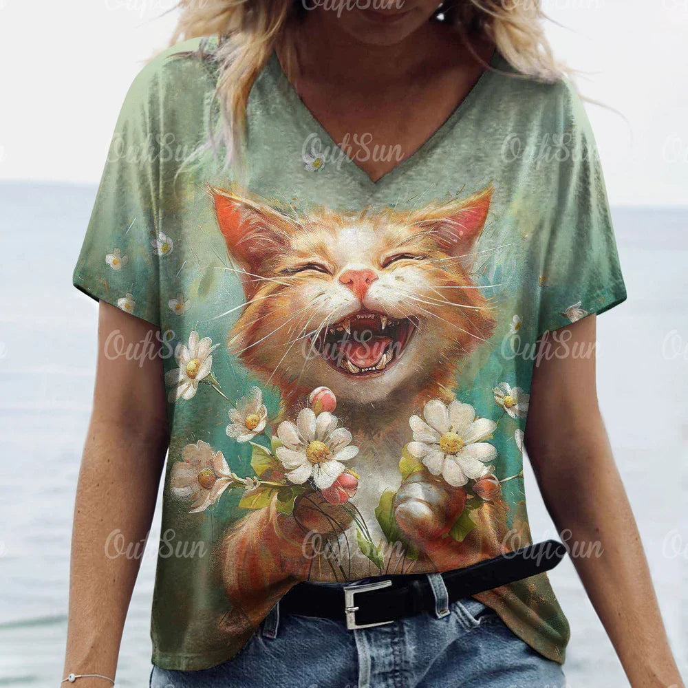Summer Women’s Cat Print T-Shirt – Casual 3D Short Sleeve Crew Neck Pullover, Oversized Streetwear
